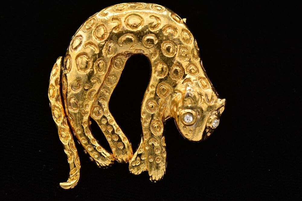 Vintage Leopard Pin Brooch Jaguar Cat Brushed Gold Rhinestone Dangle 1980s BinAH